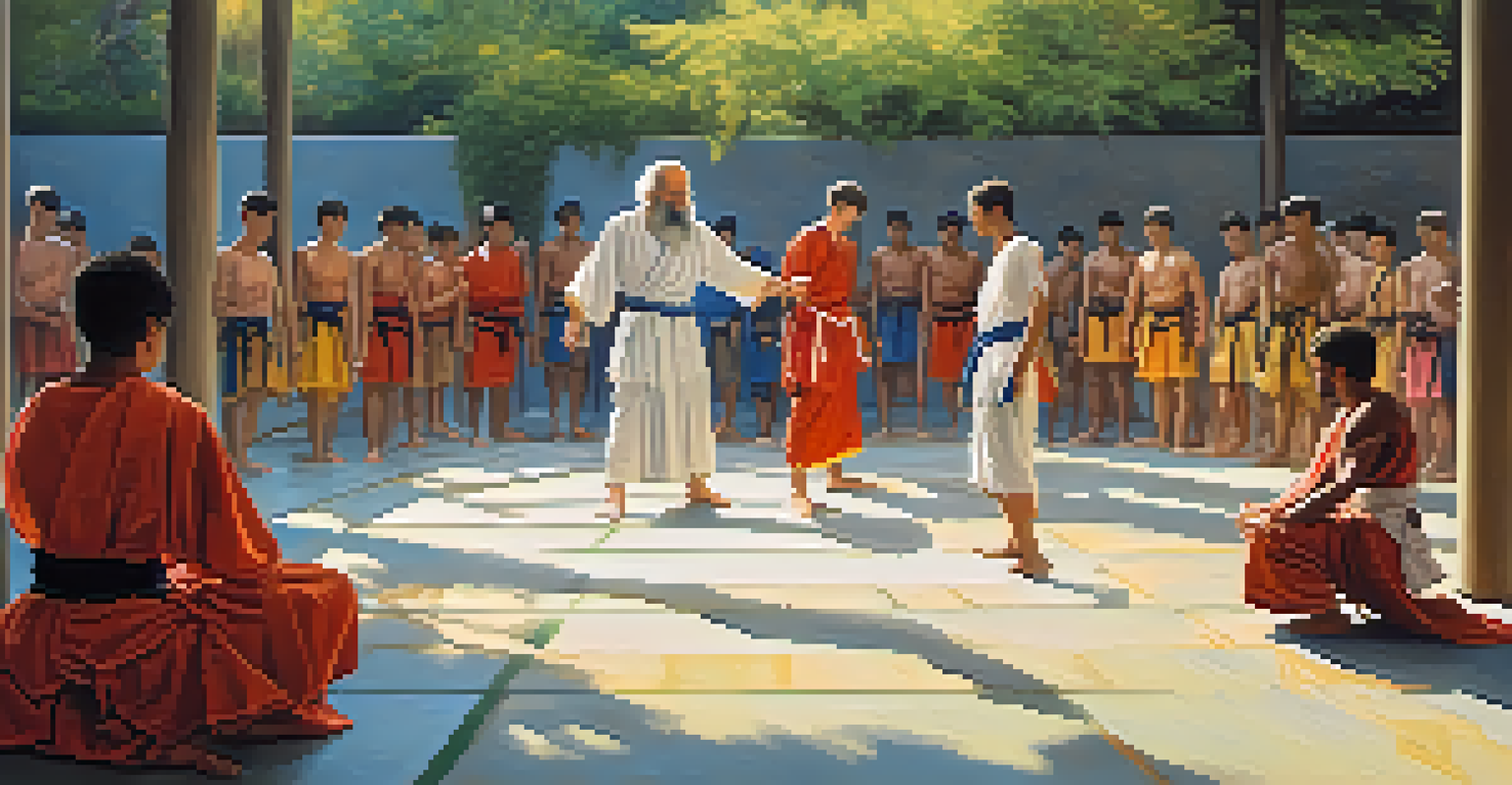 A philosopher watching young martial artists practice in a sunlit courtyard surrounded by greenery.