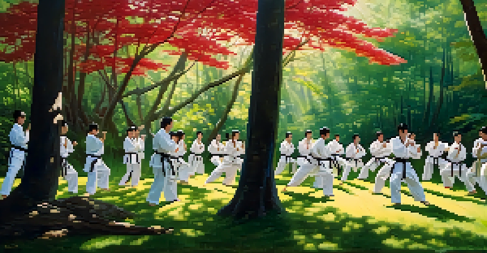 Martial arts practitioners in a forest, practicing karate with sunlight filtering through trees.