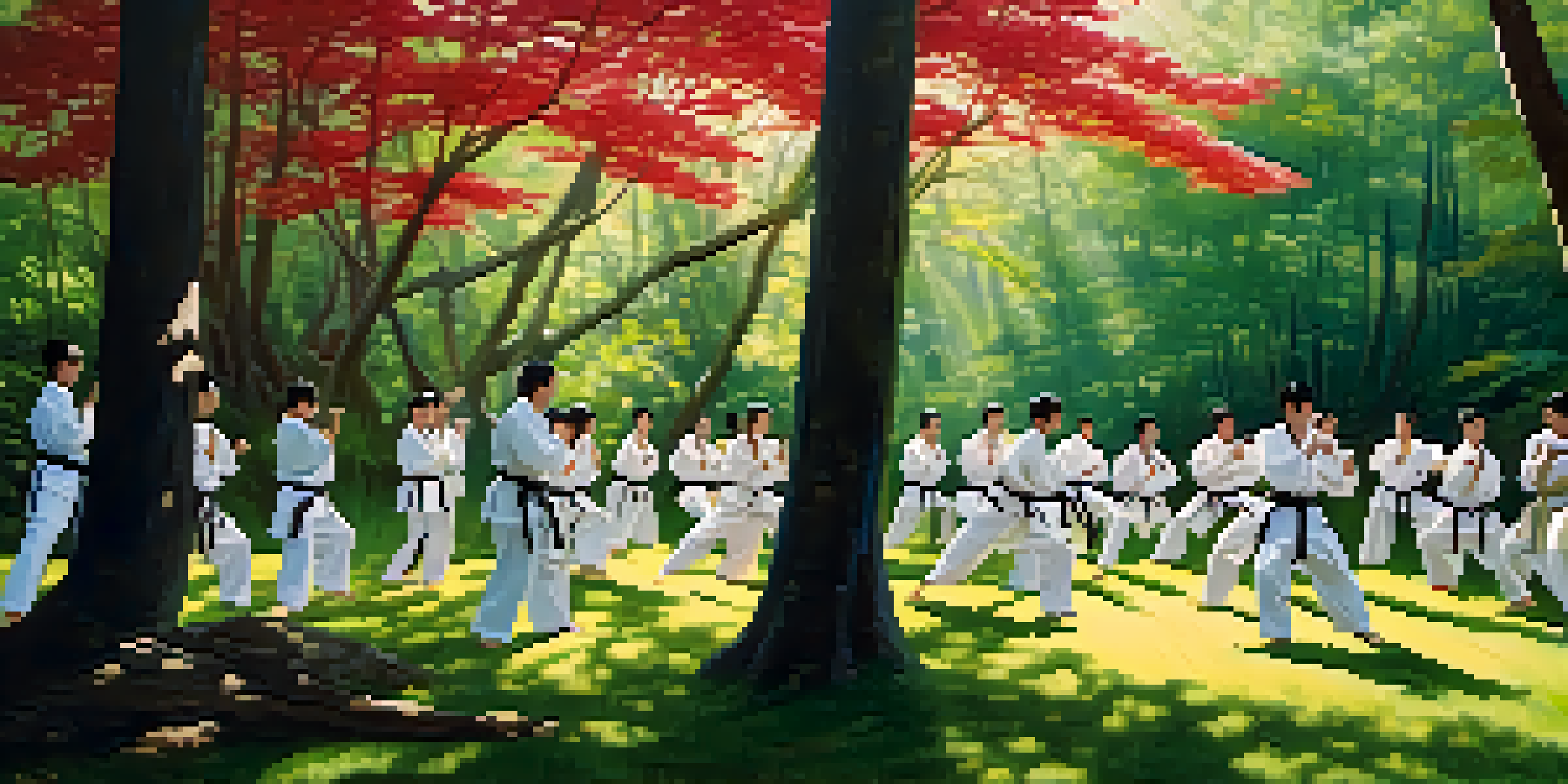 Martial arts practitioners in a forest, practicing karate with sunlight filtering through trees.