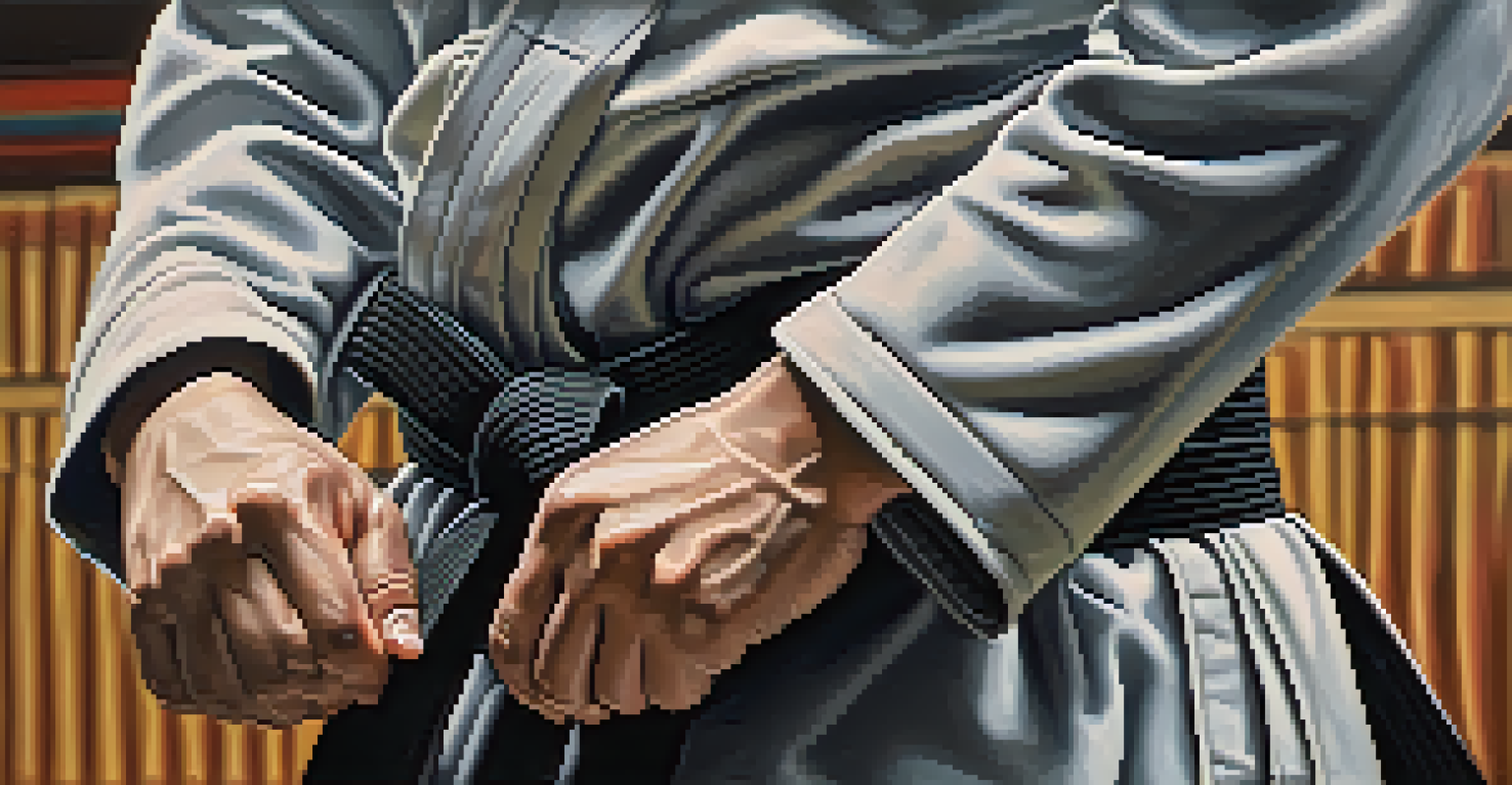 Close-up of hands tying a black belt around a martial arts practitioner's waist, with a blurred training hall background and soft lighting.