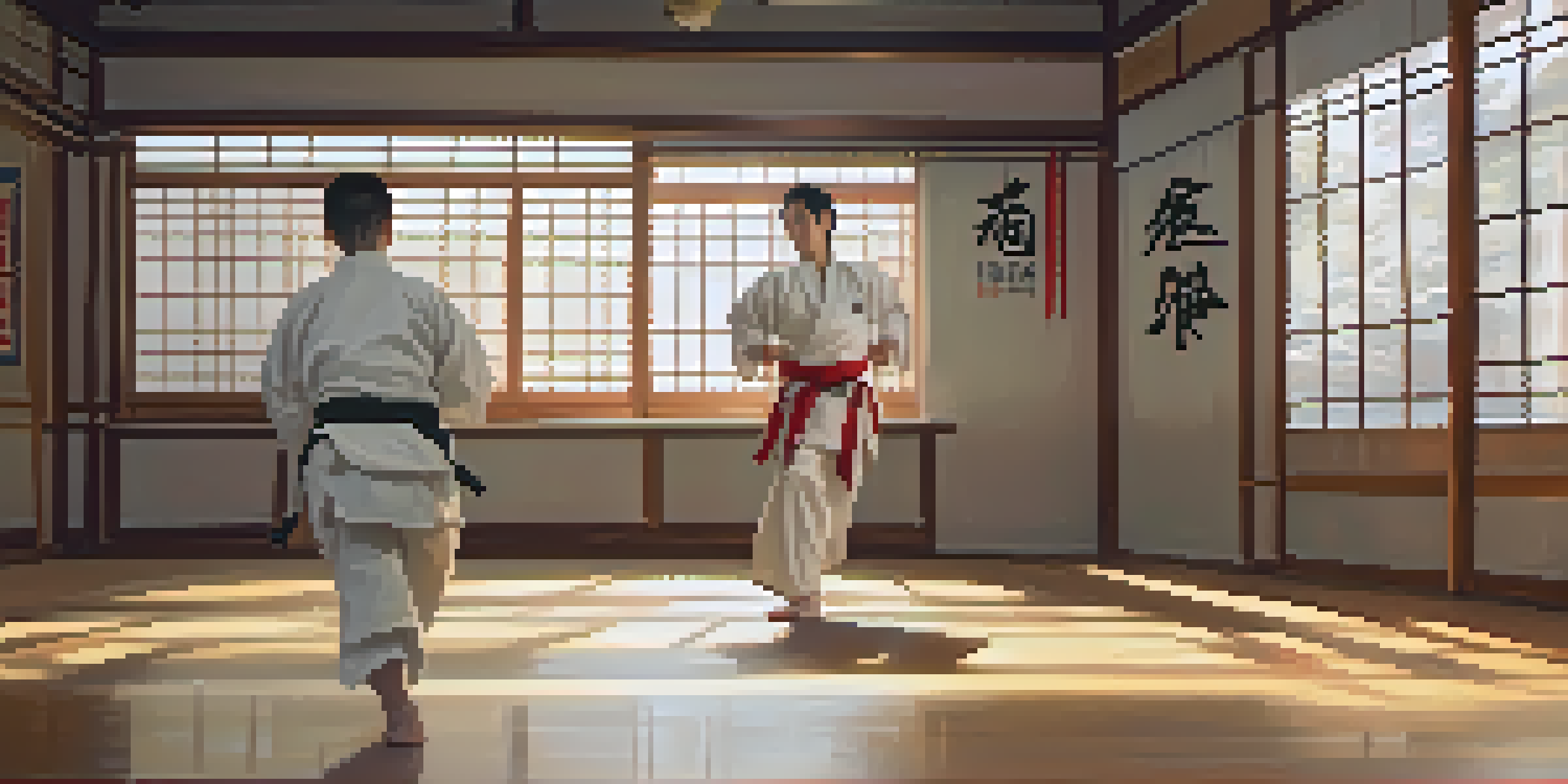 A dojo scene with a beginner practicing martial arts techniques and an advanced student observing positively.