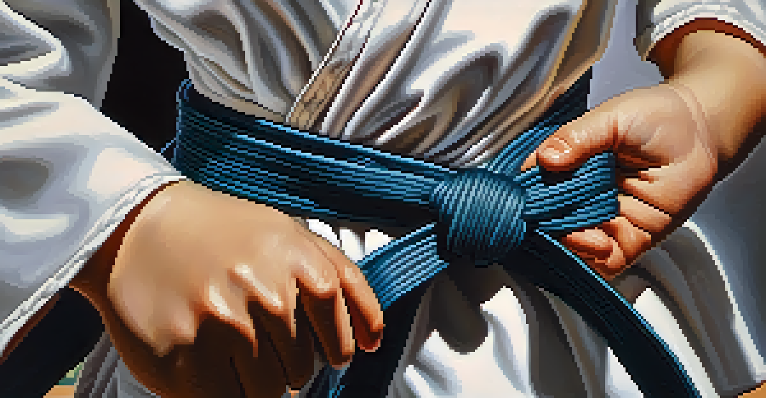 A child's hand tying a karate belt, with a focused expression on their face, emphasizing the intricate knot.