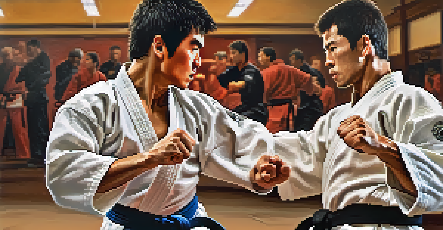 Two karate practitioners engaged in full-contact sparring in a dojo, with an audience in the background.