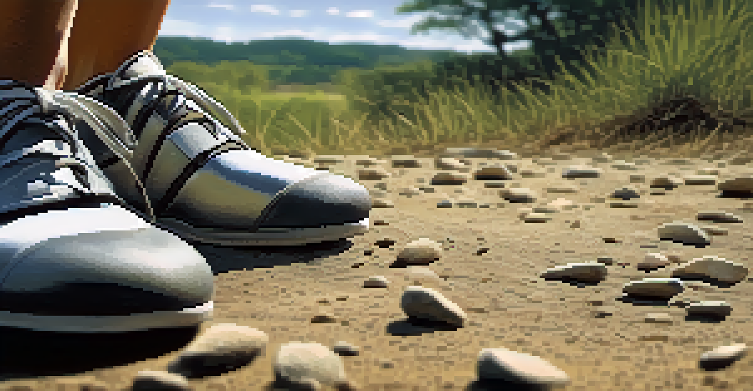 A close-up of a martial artist's feet on uneven, grassy terrain, emphasizing adaptability in practice, with trees and a blue sky in the background.