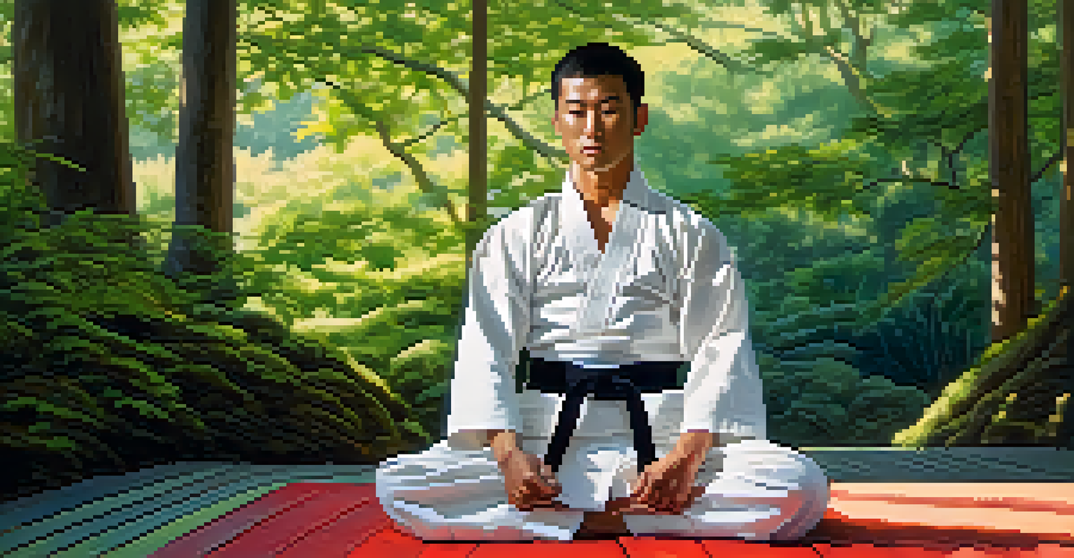 A martial artist in a meditative pose on a mat, surrounded by nature, with sunlight filtering through trees.