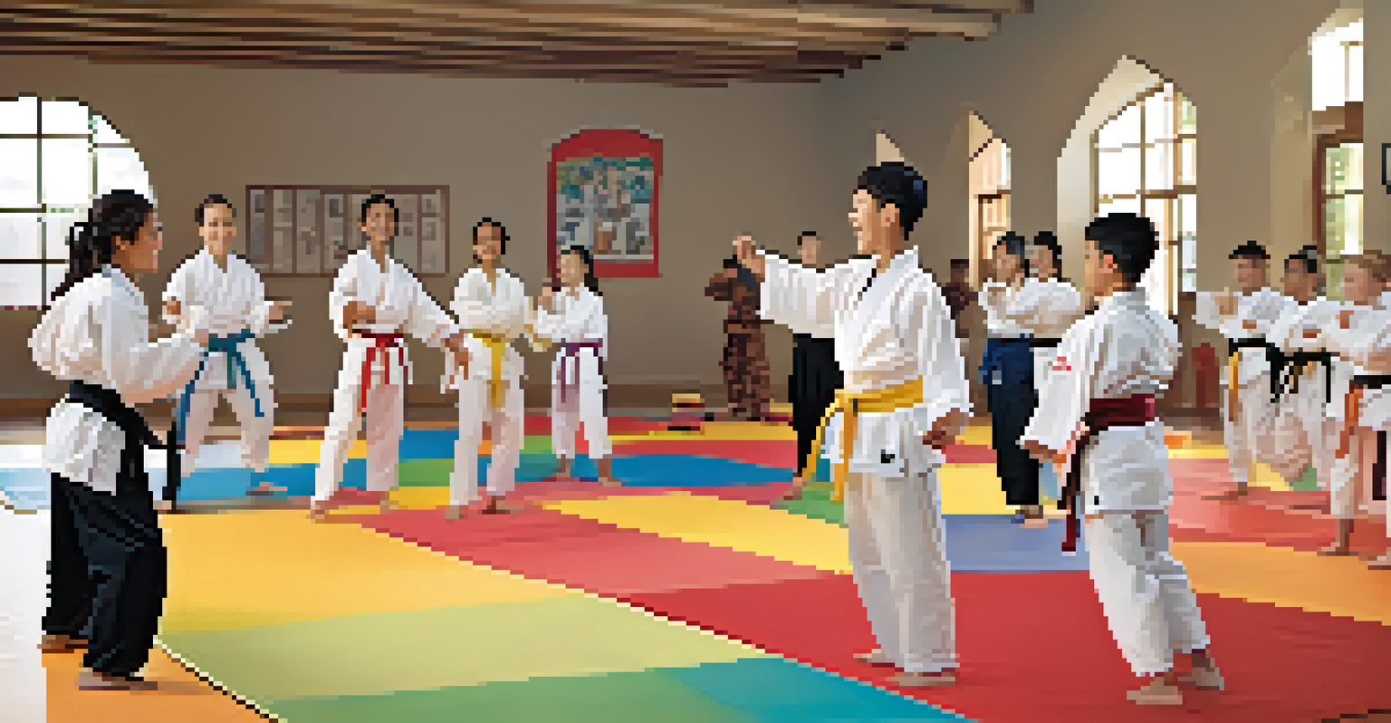 A diverse group of young martial artists working together in a training space, emphasizing teamwork and encouragement.