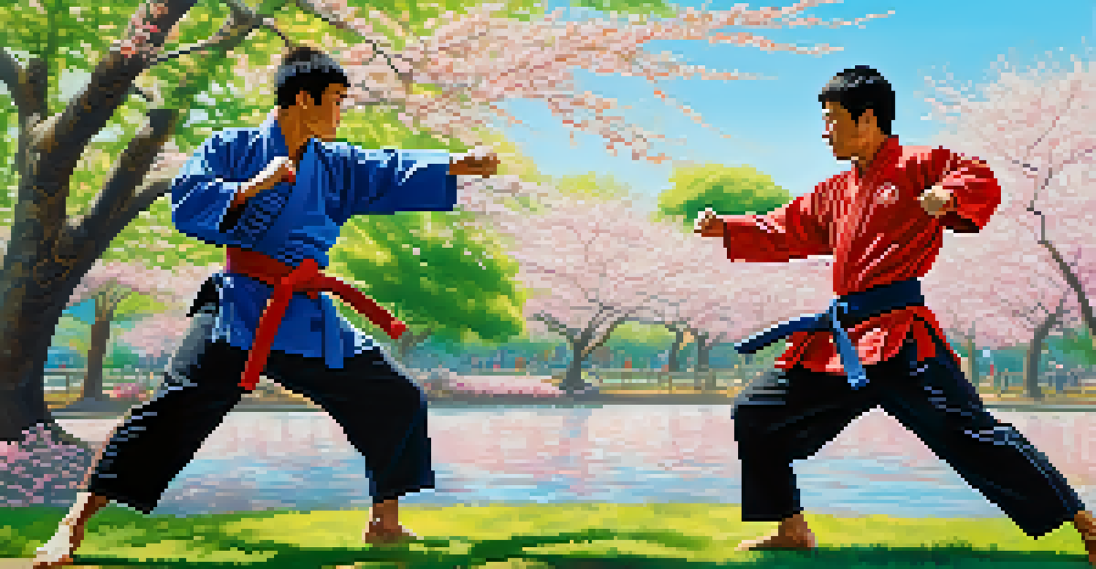 Two martial artists sparring in a park surrounded by cherry blossom trees and a blue sky, showcasing their techniques in a friendly match.