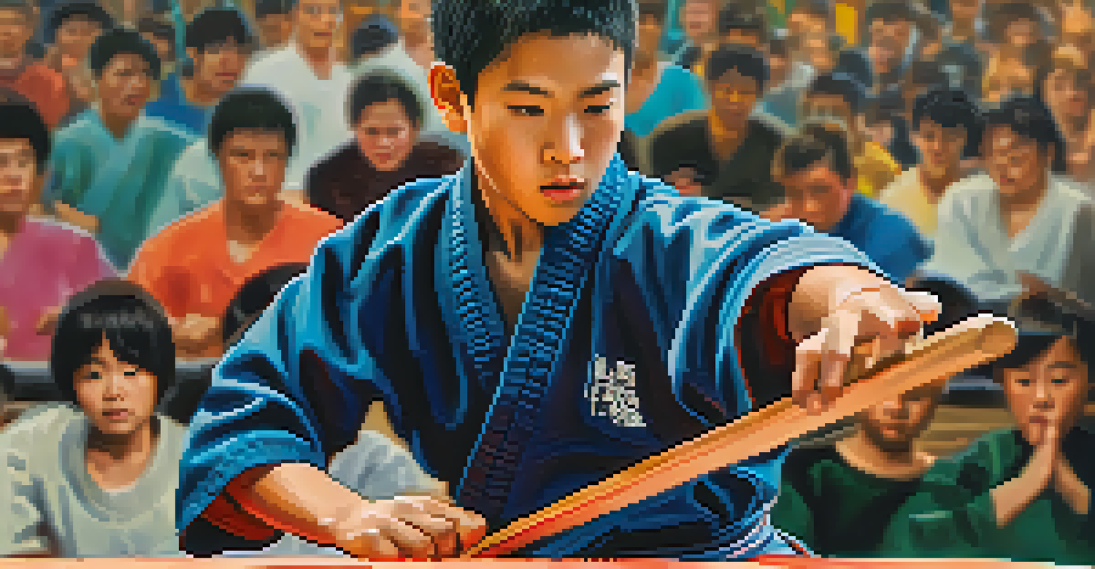 A martial arts student breaking a wooden board during a charity tournament, with a focused expression and cheering audience in the background.