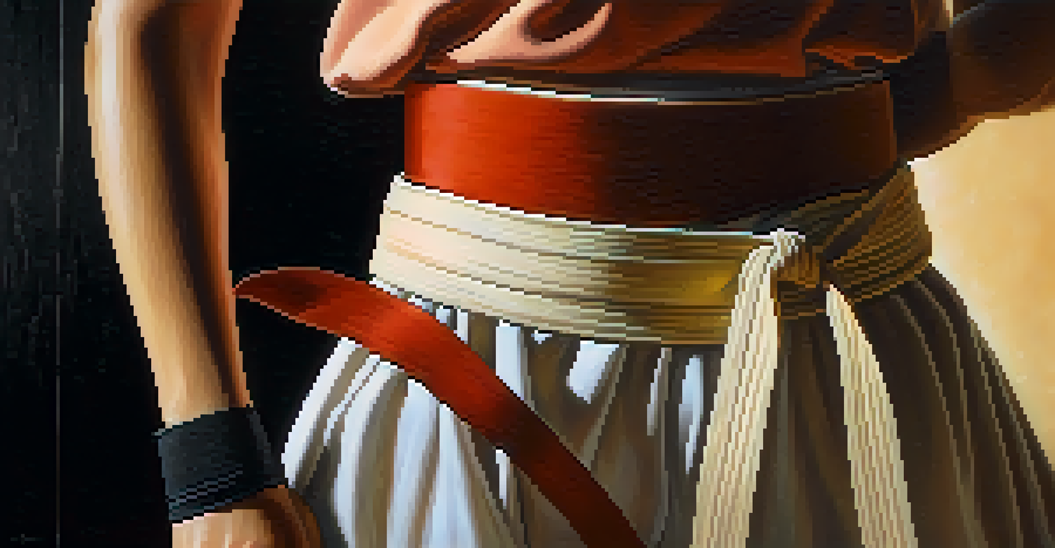 A close-up of a woman tying her martial arts belt, showing determination and focus.