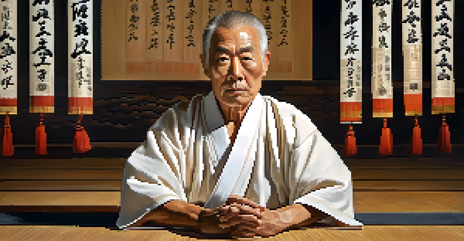 An elderly martial arts master in a traditional dojo, with a serene expression surrounded by scrolls and warm wooden textures.