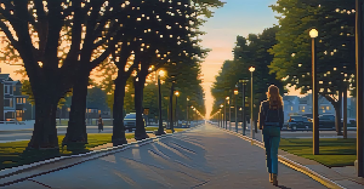 A woman walking confidently at dusk, aware of her surroundings, with streetlights illuminating her path and trees along the sidewalk.
