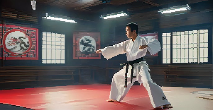 A martial artist wearing a VR headset in a dojo, practicing techniques with digital holograms around them.