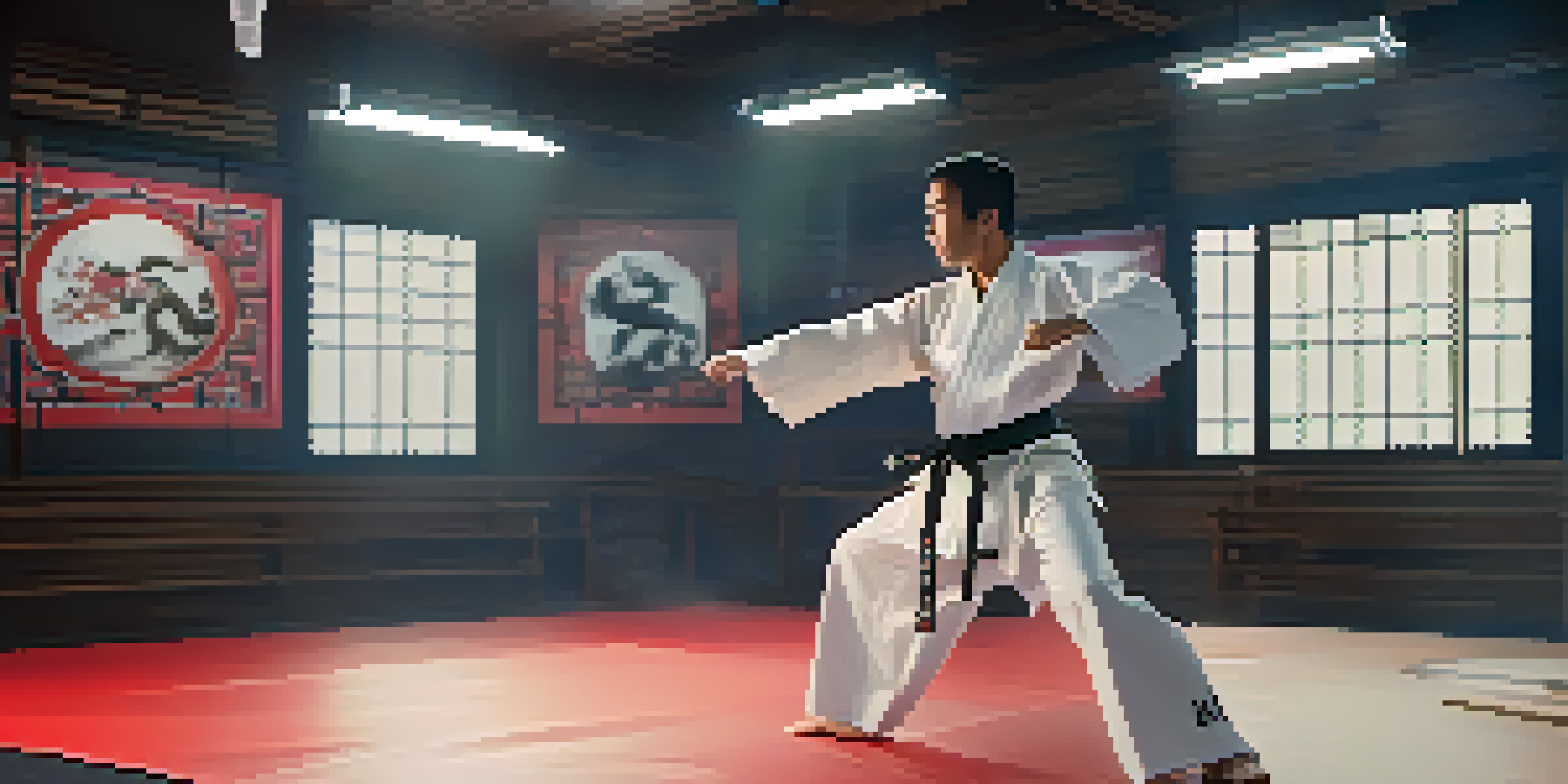 A martial artist wearing a VR headset in a dojo, practicing techniques with digital holograms around them.