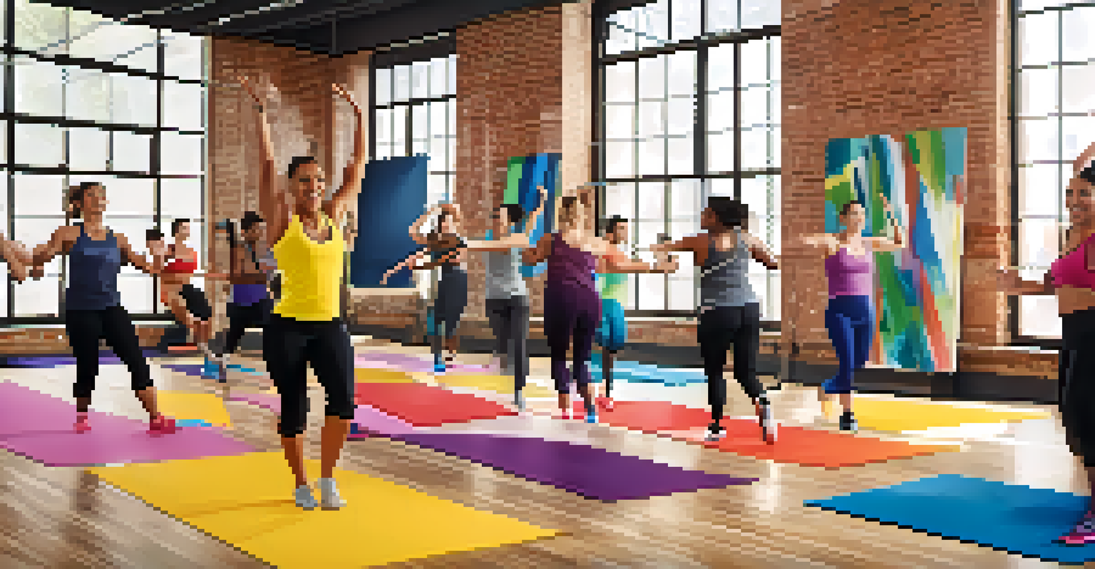 A lively group fitness class in a spacious studio with enthusiastic participants and an energetic instructor, showcasing a sense of community.