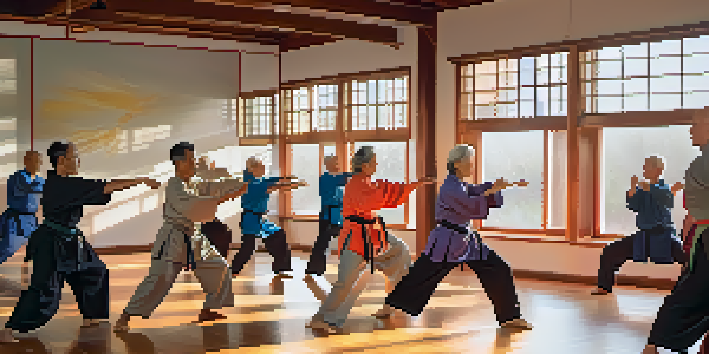 A group of older adults practicing Tai Chi in a sunlit dojo, showcasing their fluid movements and expressions of mindfulness.