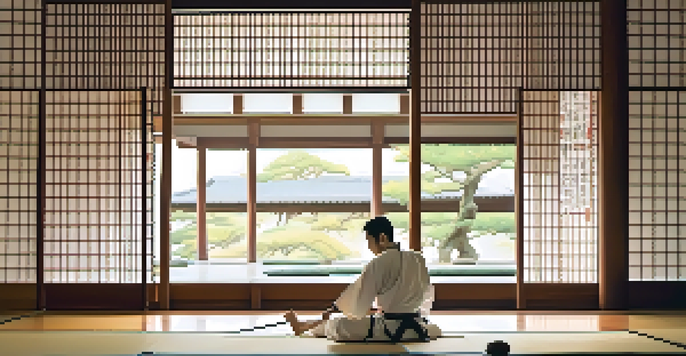 A martial artist in a white gi practicing kata in a serene dojo with wooden floors and natural light.