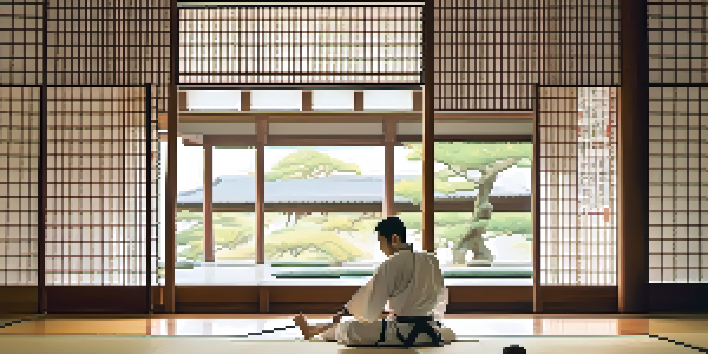 A martial artist in a white gi practicing kata in a serene dojo with wooden floors and natural light.