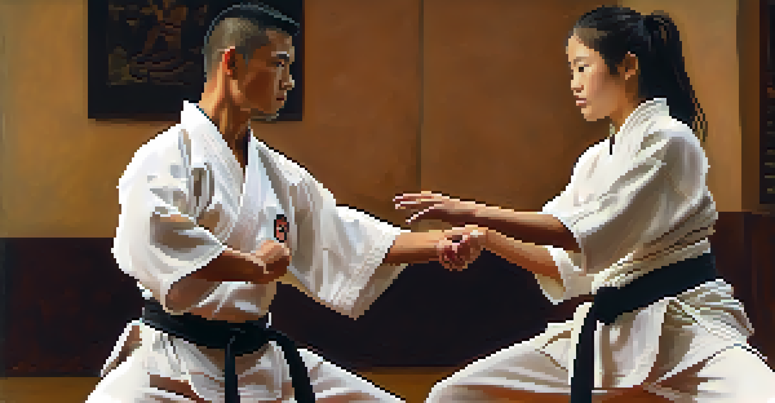 A martial arts instructor demonstrating a technique to a student in a warm and focused training environment.