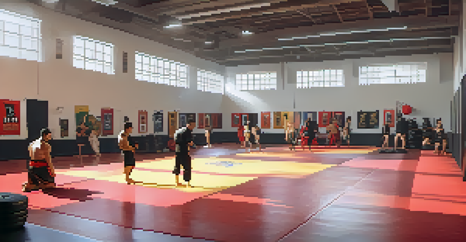 A modern mixed martial arts training center with practitioners sparring on mats and showcasing various techniques.