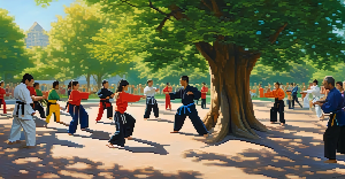 A diverse group of people practicing martial arts in a sunny park, surrounded by greenery and colorful mats, with an instructor guiding them.