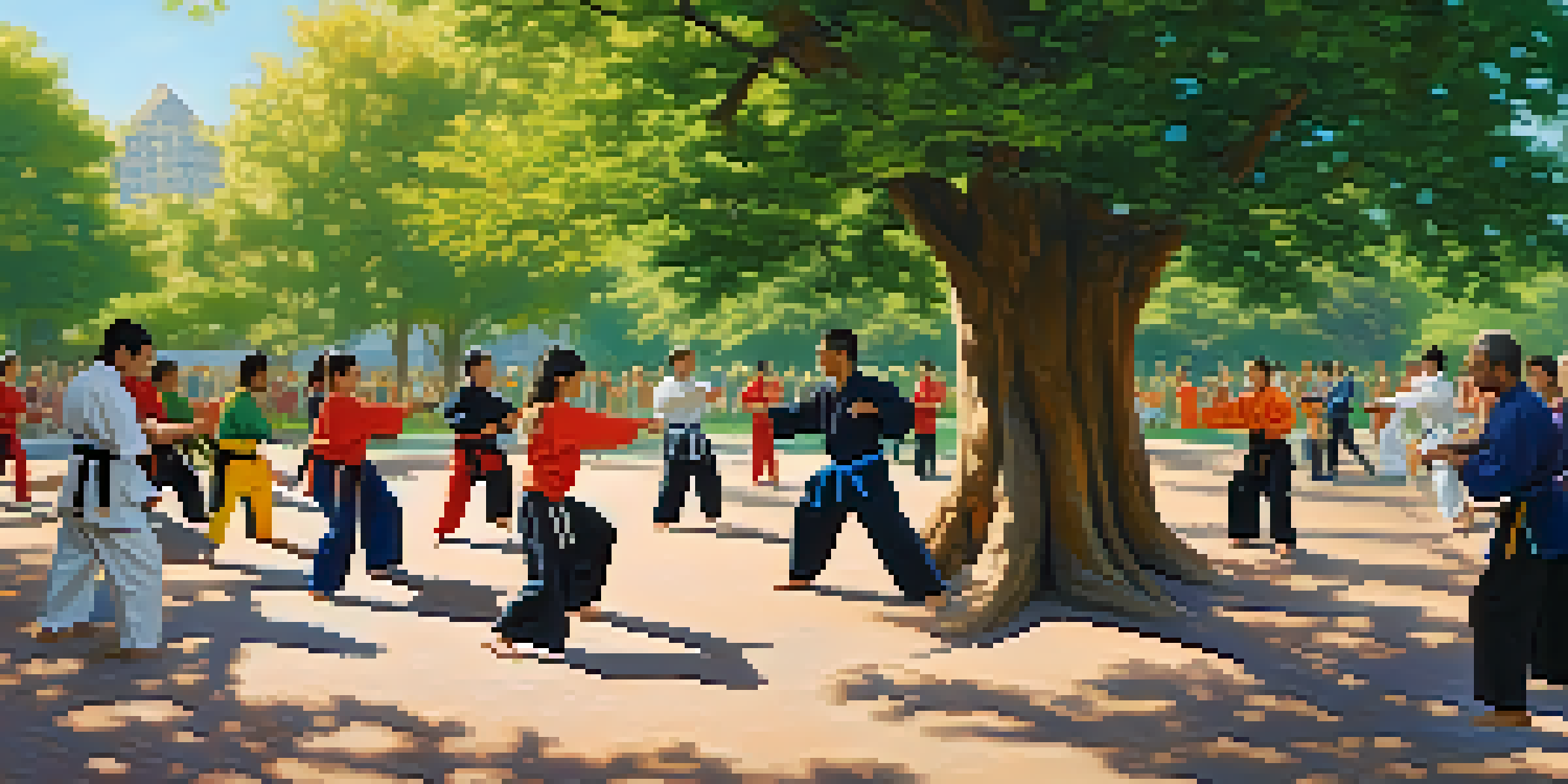 A diverse group of people practicing martial arts in a sunny park, surrounded by greenery and colorful mats, with an instructor guiding them.