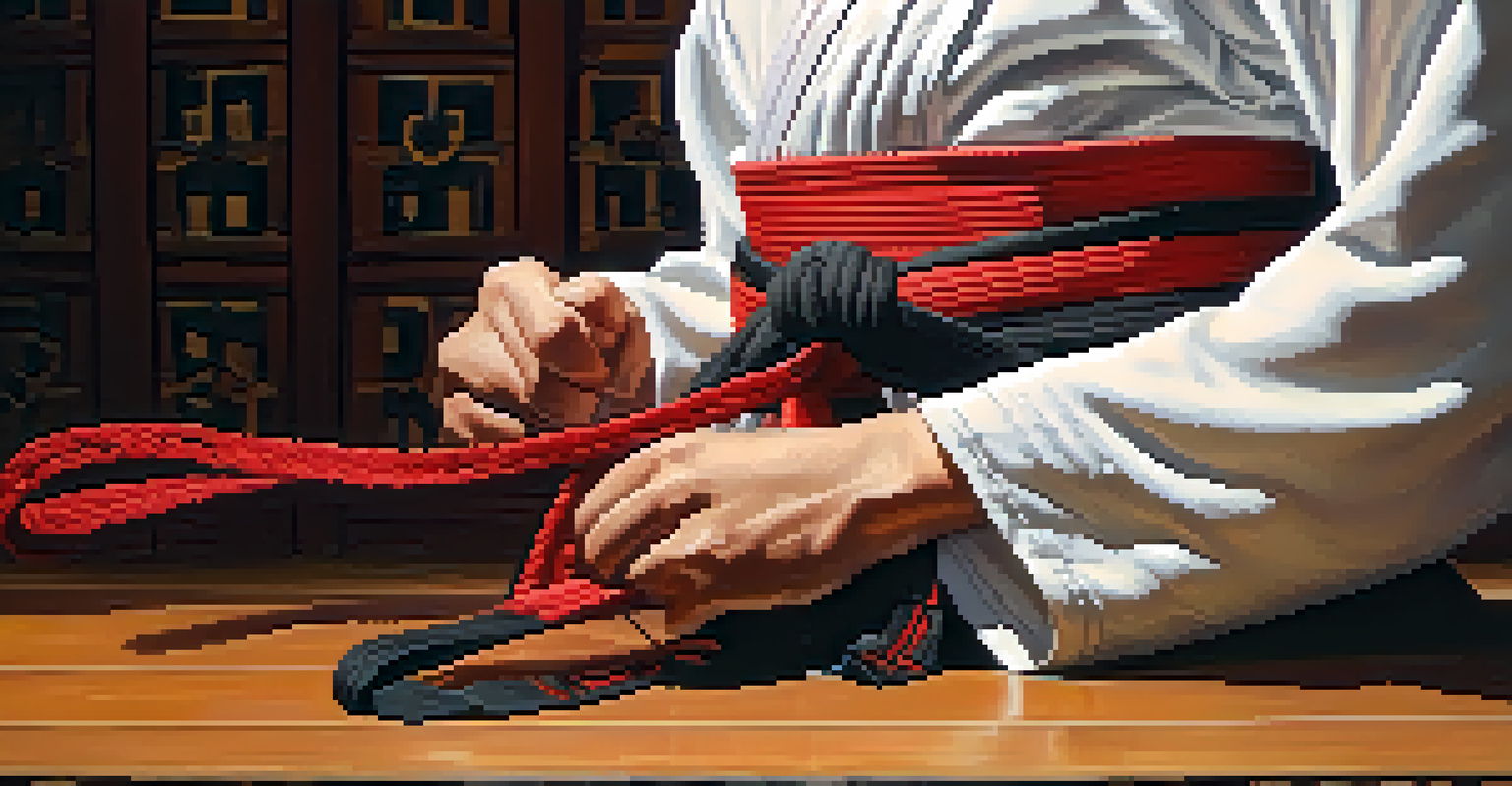 Close-up of a student tying a martial arts belt in a dojo, emphasizing the textures and the atmosphere of focus.