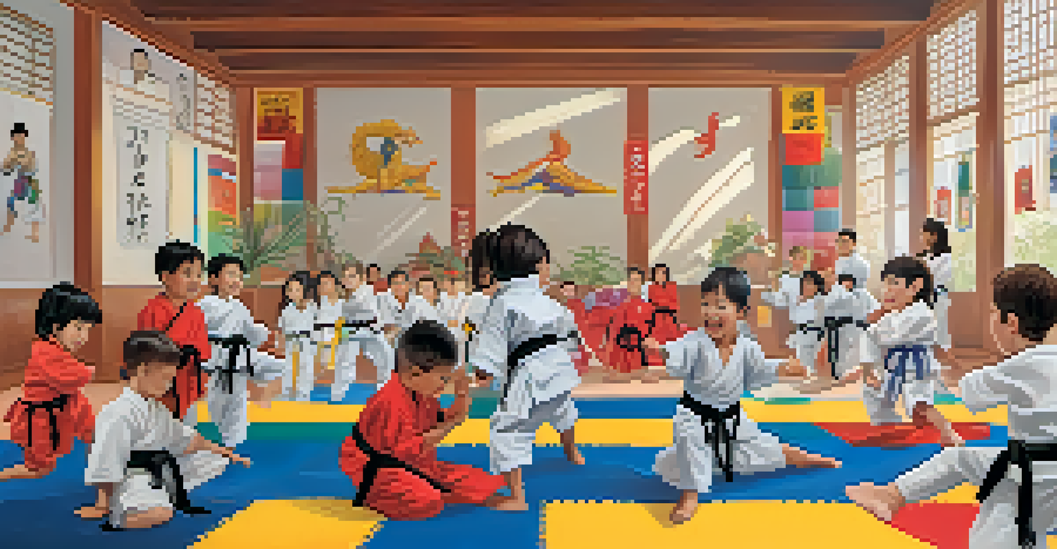 A diverse group of children in a martial arts class, learning self-defense techniques on colorful mats while smiling and interacting.