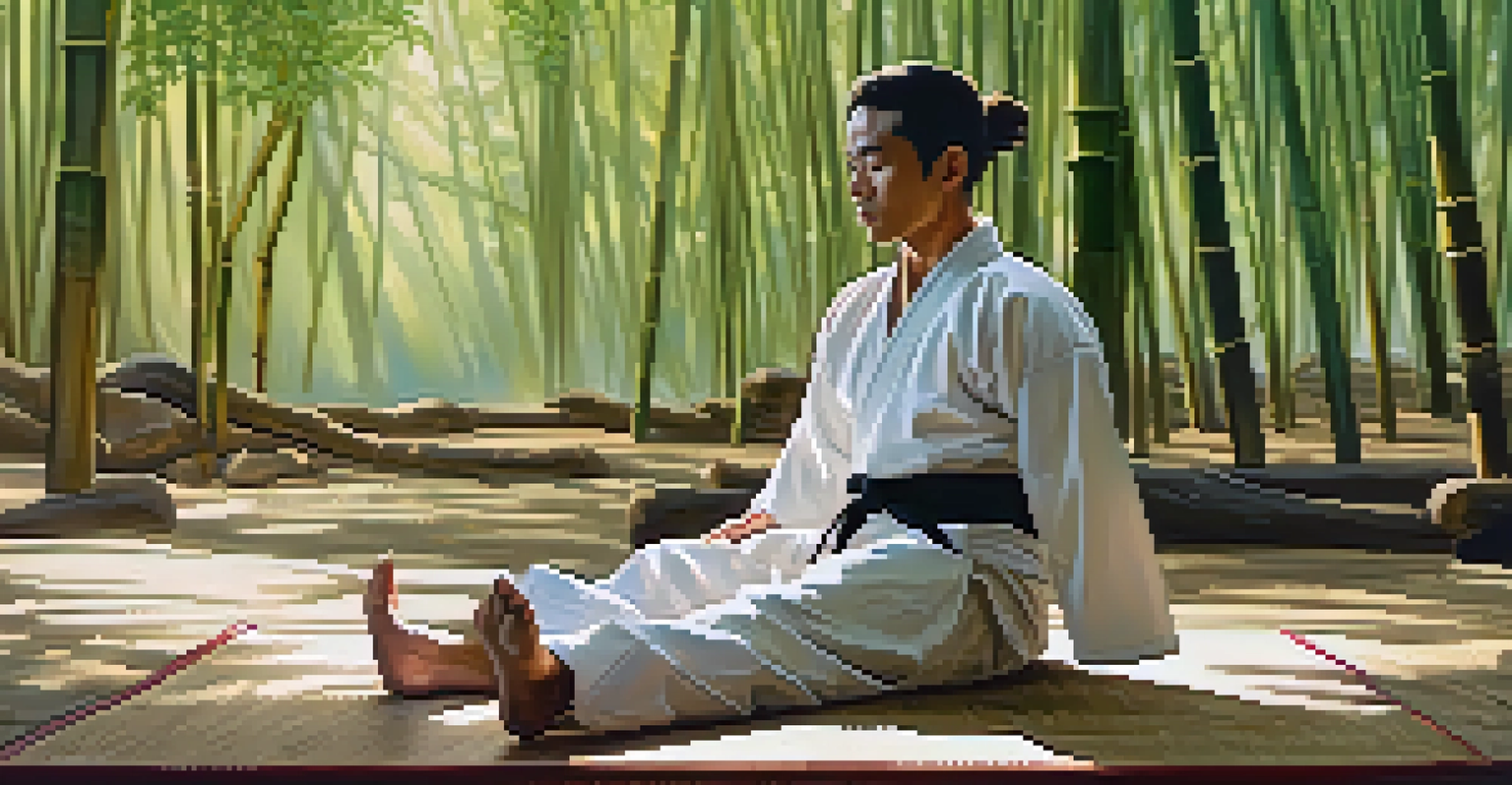 A martial artist meditating on a bamboo mat in nature, emphasizing mental health and tranquility.