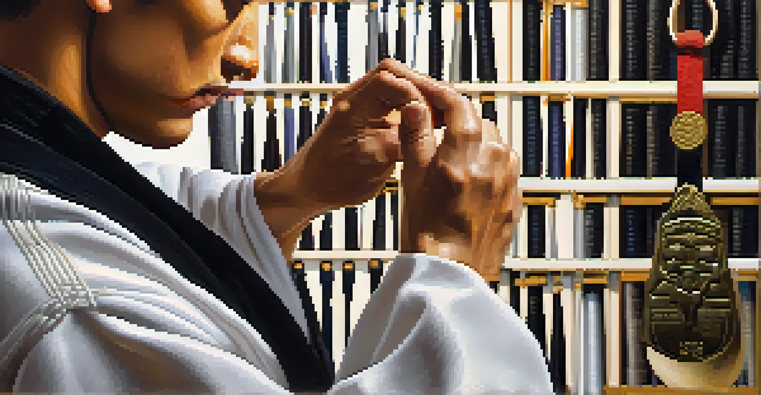 A close-up of a martial artist tying their black belt, with trophies and certificates blurred in the background, highlighting dedication and discipline.