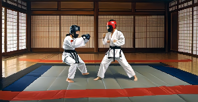 Martial artists training in a dojo, wearing protective gear during sparring.