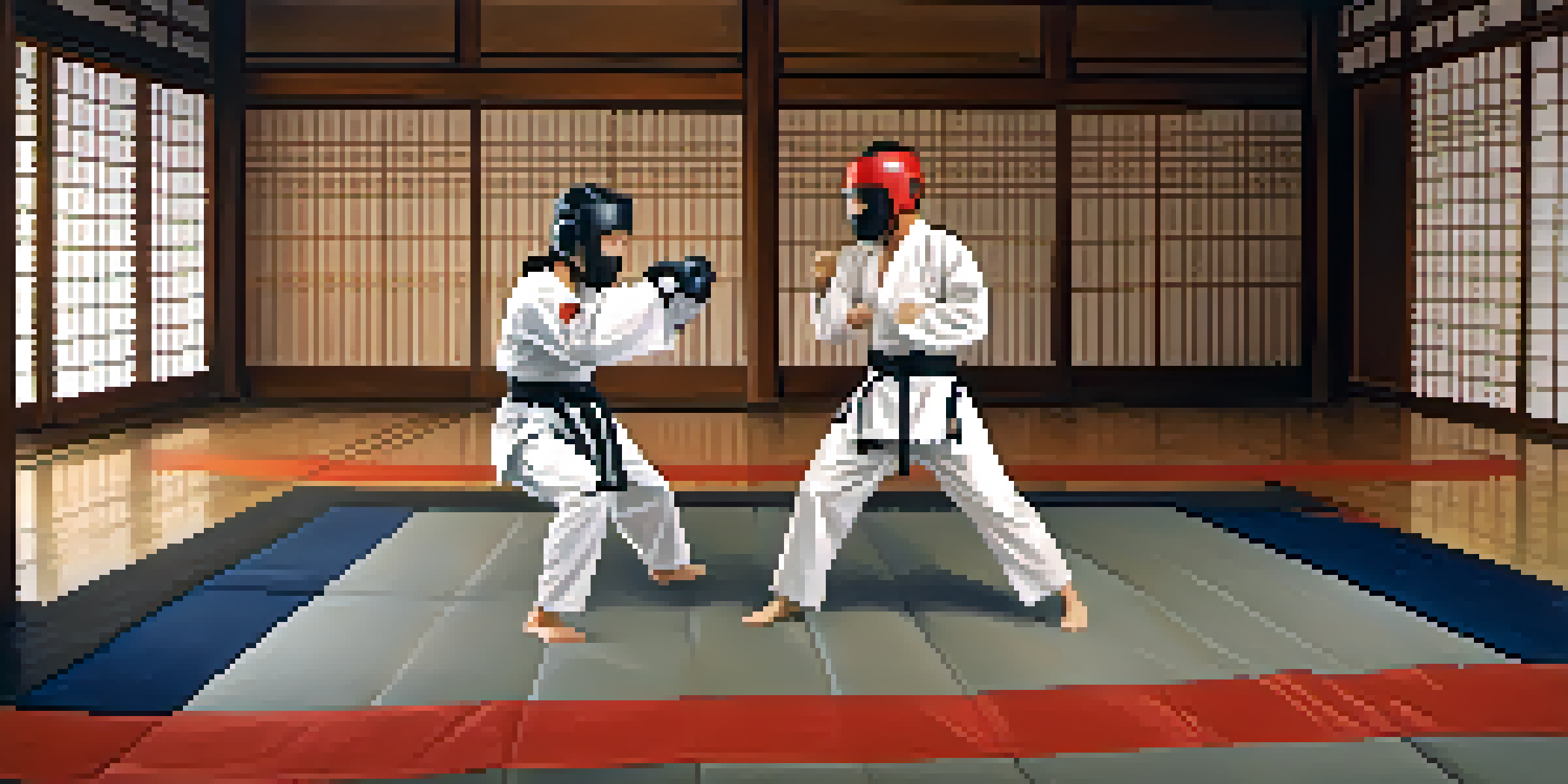 Martial artists training in a dojo, wearing protective gear during sparring.