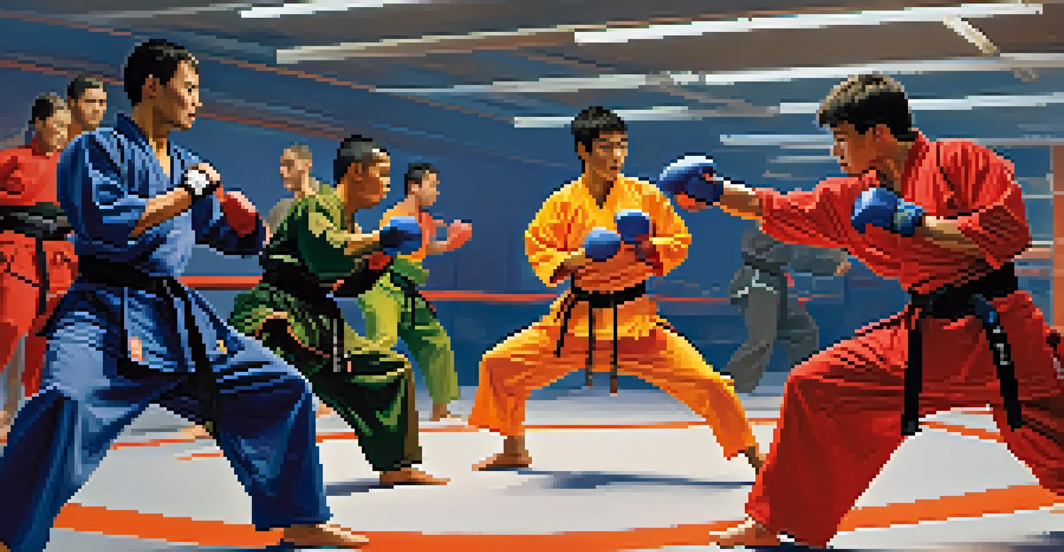 Several martial artists sparring energetically in a brightly lit training area.