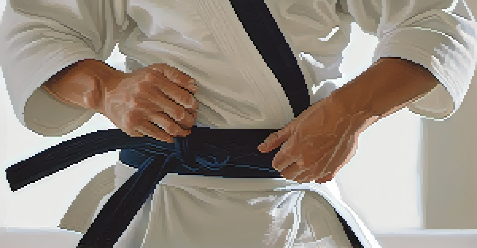 Close-up of a martial artist tying their belt, symbolizing commitment and discipline in a soft-lit environment.