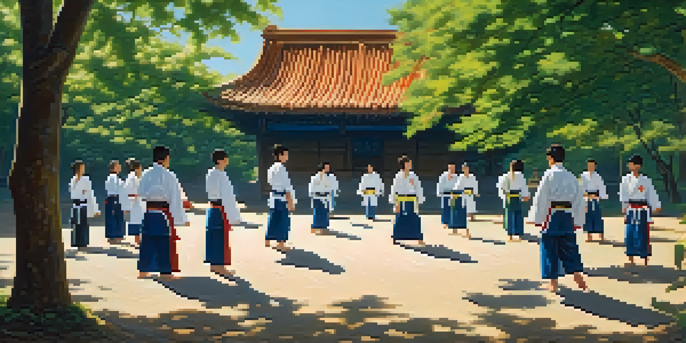 Participants in martial arts uniforms practicing techniques in an outdoor training camp surrounded by trees and sunlight.