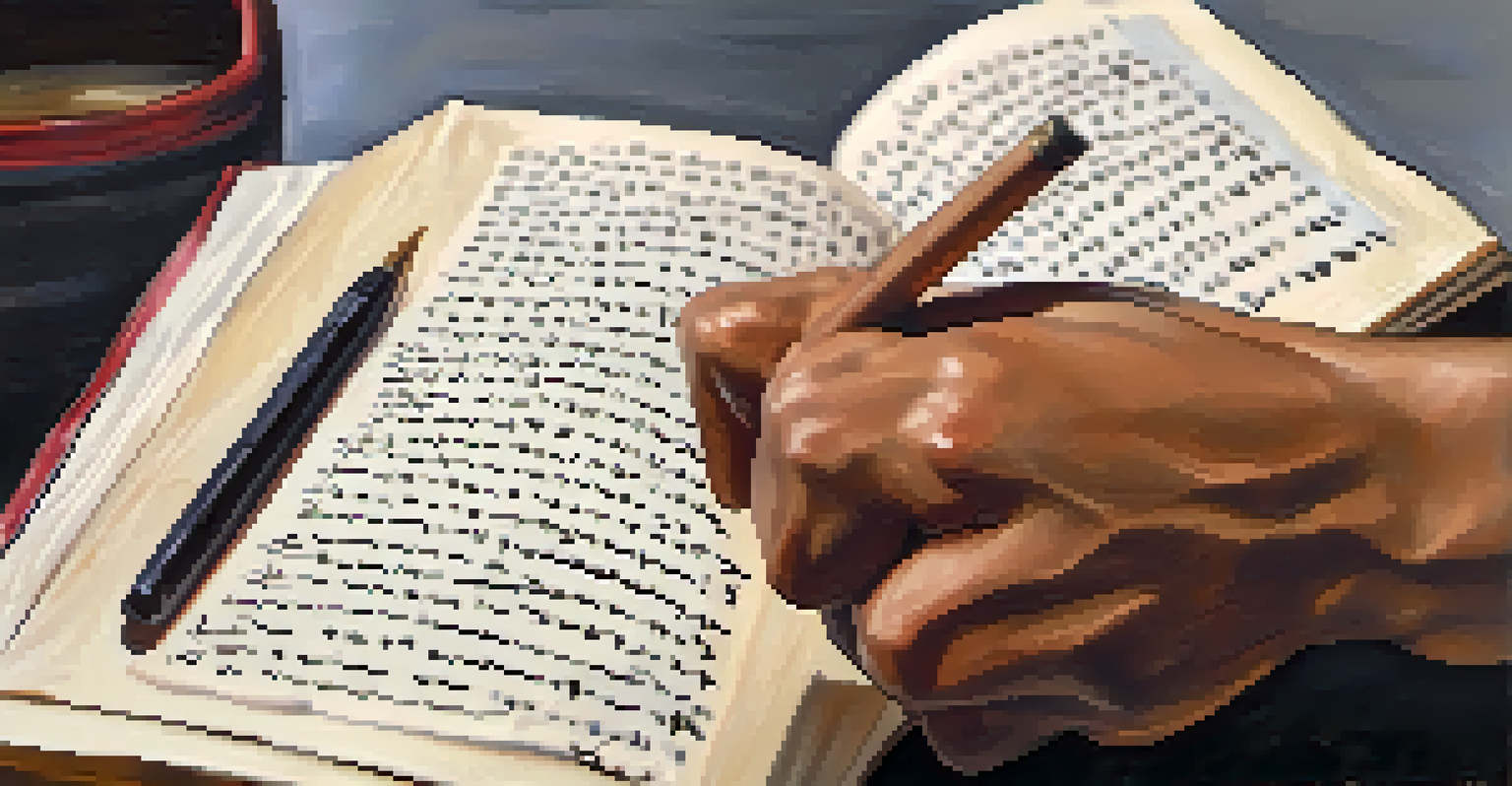A close-up of a journal held by a martial artist, with handwritten notes about emotional experiences, set against a blurred dojo background.