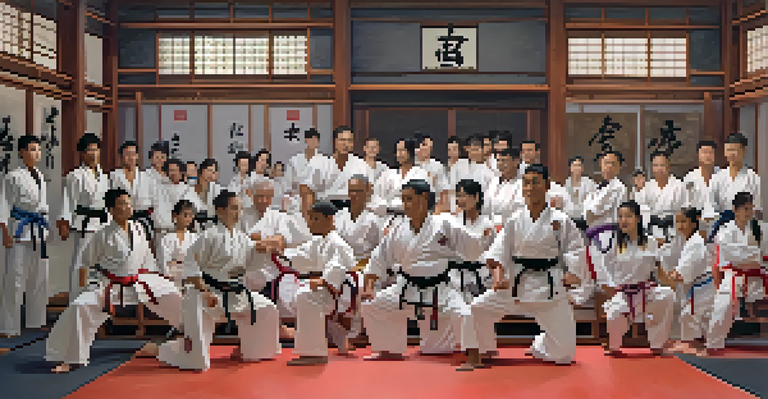 A martial arts class with students helping each other refine techniques, showcasing collaboration and support.