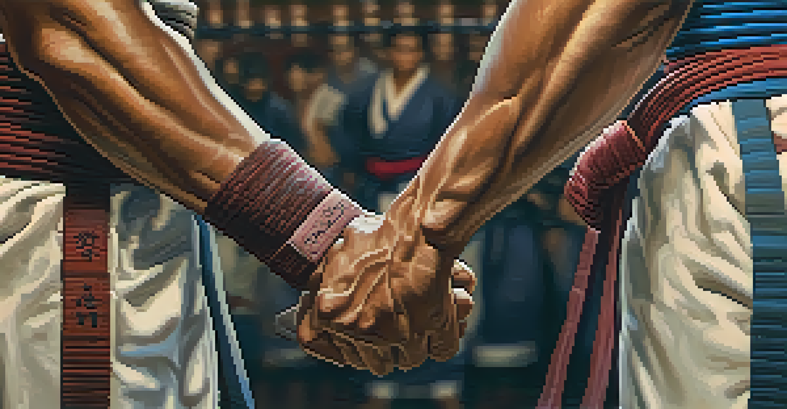 Close-up of a martial artist's hands in a gi, highlighting the texture of the fabric and the colored belt, with a blurred dojo background.