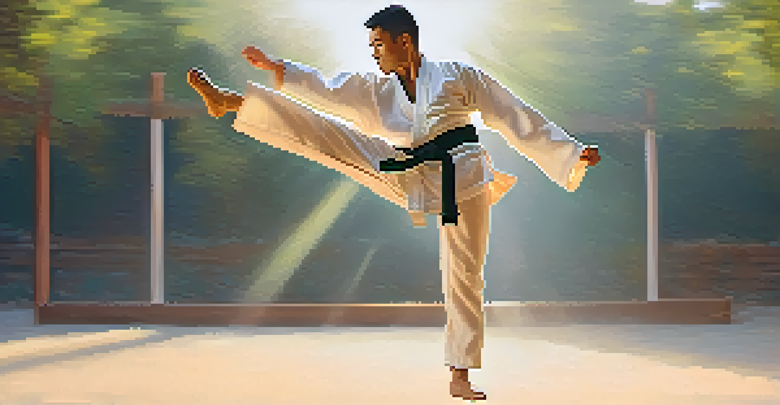 A martial artist executing a high kick in an outdoor training area, demonstrating agility.
