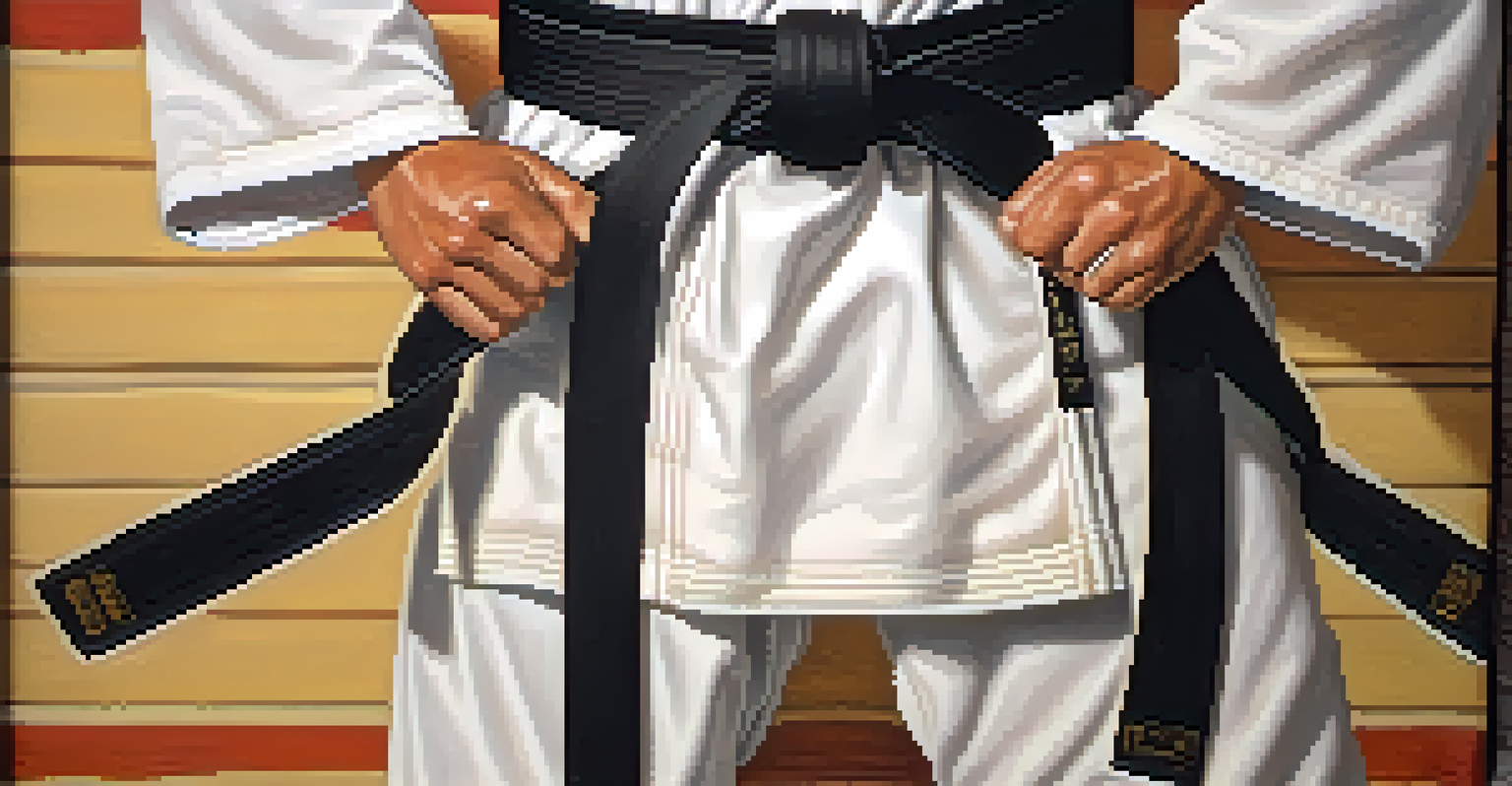 Close-up of hands tying a black belt around a martial artist's waist in a dojo.