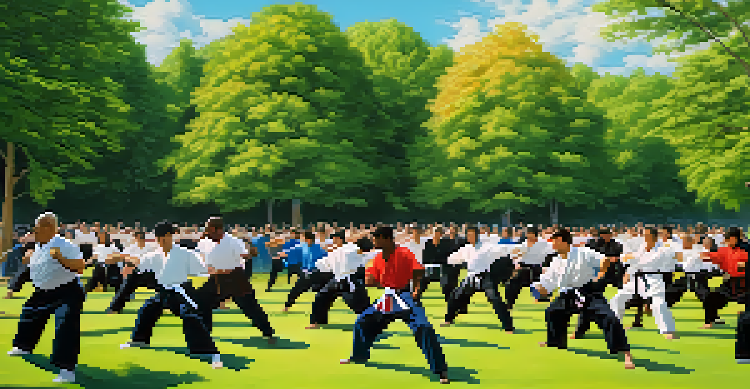 A lively community martial arts workshop in a park, with diverse individuals practicing self-defense techniques.