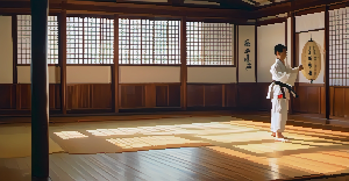 A martial artist in a white gi practicing kata in a traditional dojo with wooden floors and soft lighting.