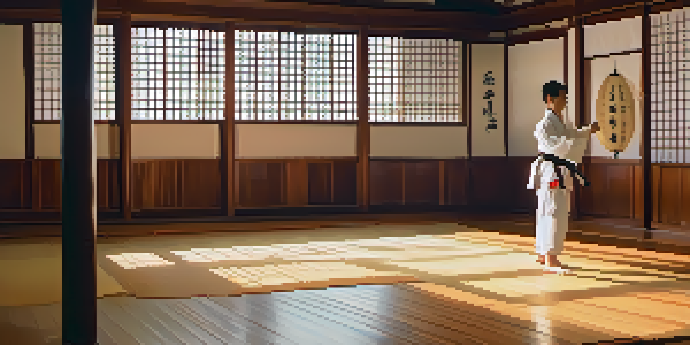 A martial artist in a white gi practicing kata in a traditional dojo with wooden floors and soft lighting.