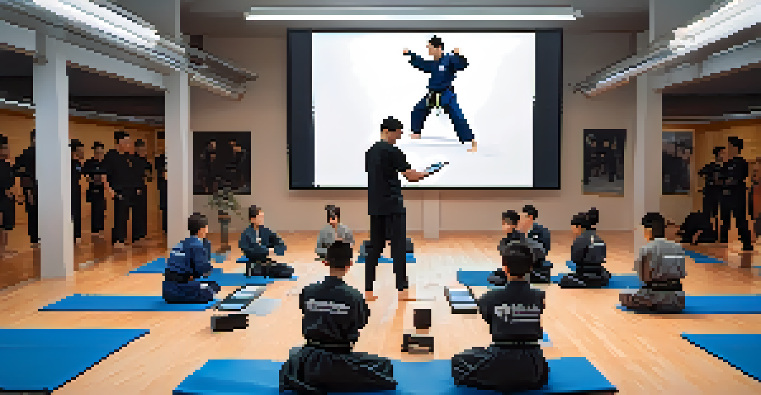 An instructor analyzing sparring footage on a tablet with students observing in a martial arts training space.