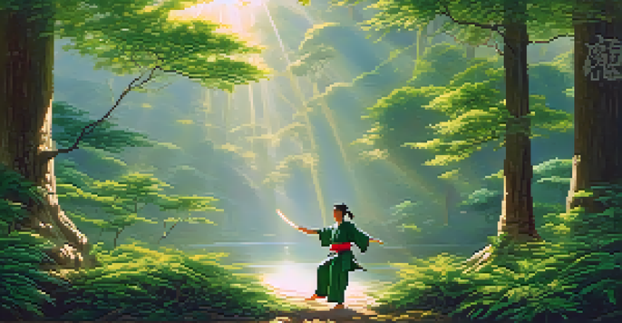 An ancient Chinese martial artist practicing Kung Fu in a forest with sunlight filtering through the trees.