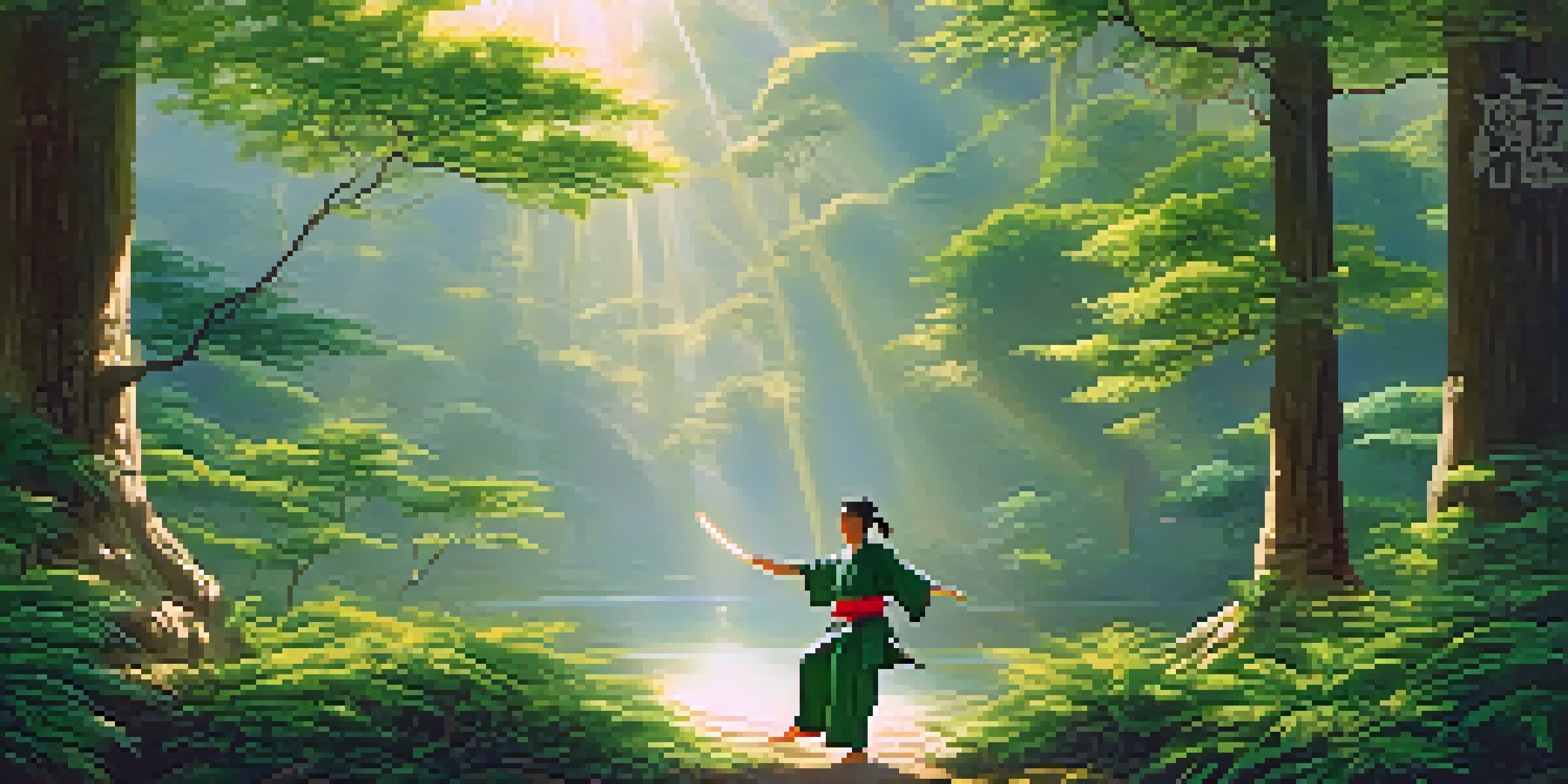 An ancient Chinese martial artist practicing Kung Fu in a forest with sunlight filtering through the trees.