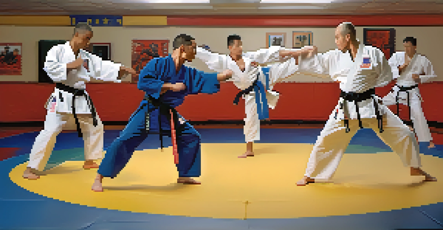 Veterans sparring in a martial arts class, displaying concentration and energy, with colorful mats and dynamic lighting enhancing the action.