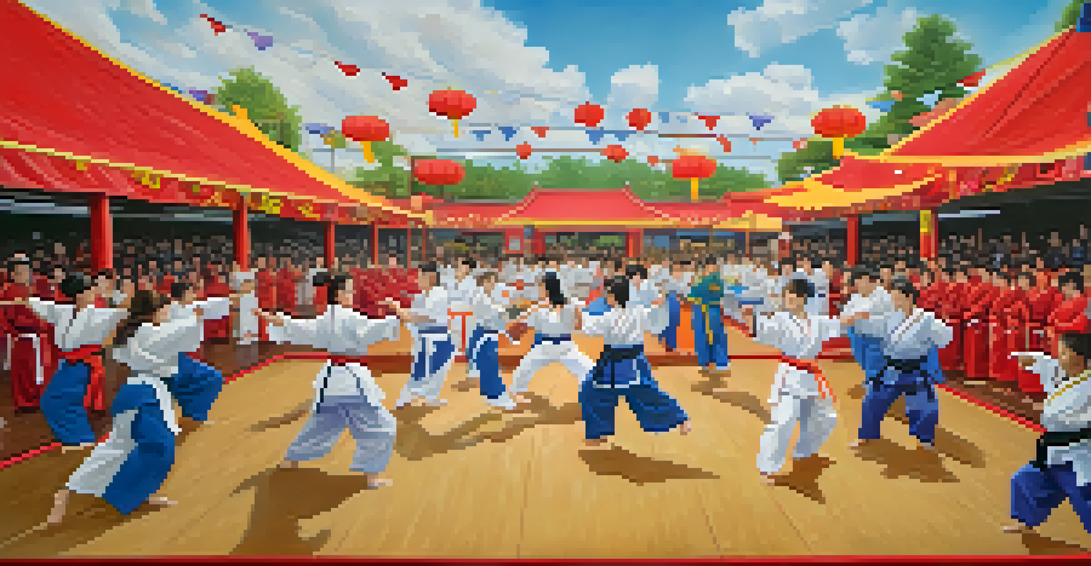 A lively community martial arts event featuring women of various ages engaging in activities and demonstrations.