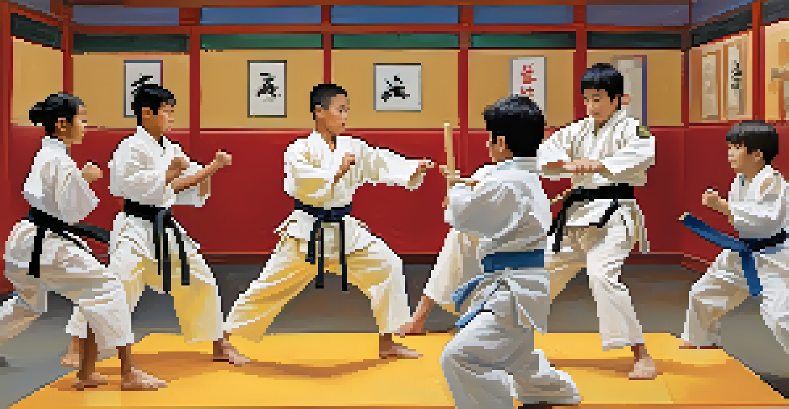 A lively martial arts class with young practitioners sparring and an instructor giving feedback in a vibrant dojo.