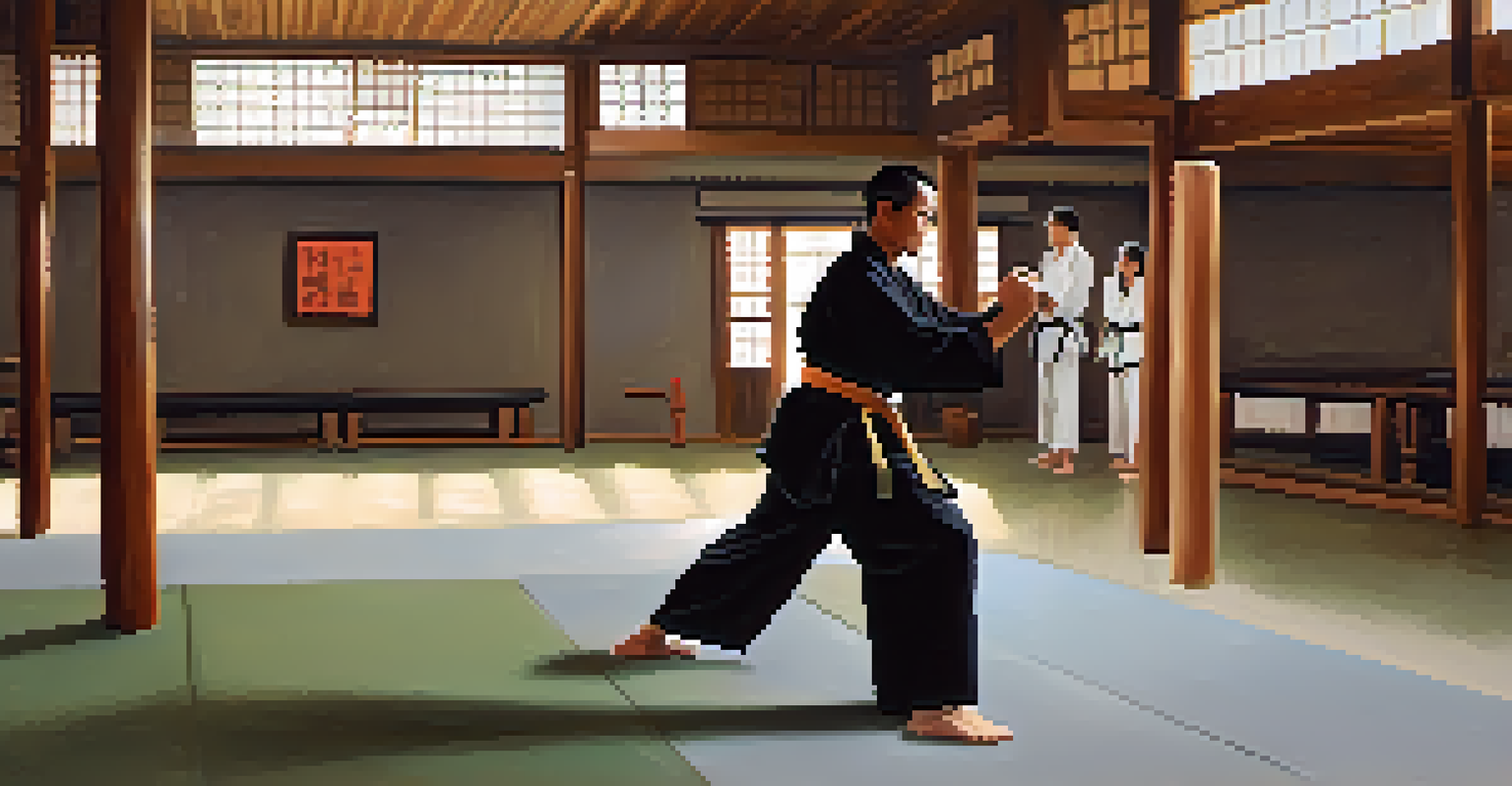 A mentor demonstrating a self-defense wrist escape technique to a focused student in a community dojo with soft lighting.