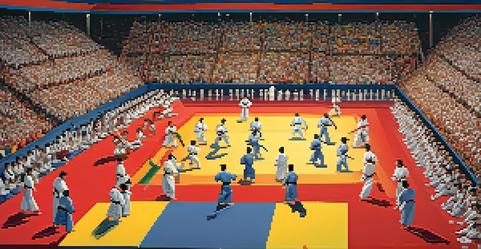 A diverse group of martial artists in traditional uniforms competing on a colorful mat at a tournament, with cheering spectators in the background.